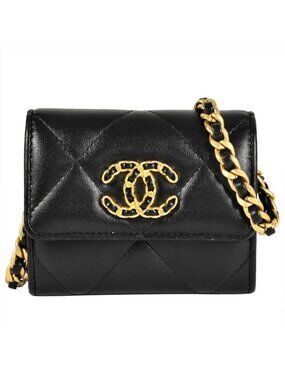 Chanel Mini Chain Wallet Shoulder Bag Leather Black Gold Hardware
